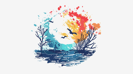 Grunge vector illustration of a landscape with trees and birds.のイラスト素材