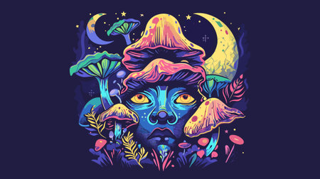 Vector illustration of an alien in the moonlight with mushrooms and mushrooms.のイラスト素材
