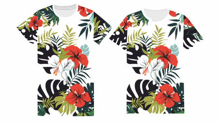 T-shirt design with tropical flowers and leaves. Vector illustration.のイラスト素材