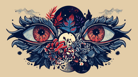 Hand drawn vector illustration of woman eyes with floral ornament. Tattoo art.のイラスト素材