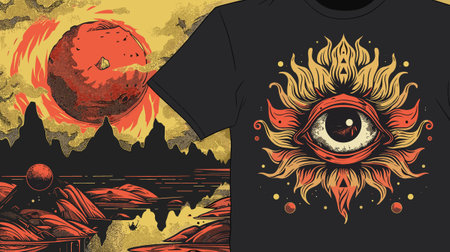 T-shirt design with illustration of an eye and a full moonのイラスト素材