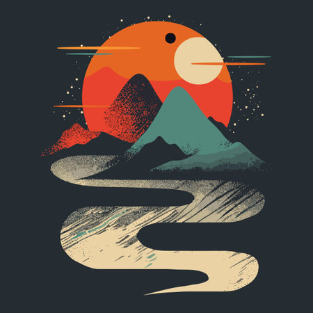 Mountain landscape with river and sun. Vector illustration in retro style.のイラスト素材