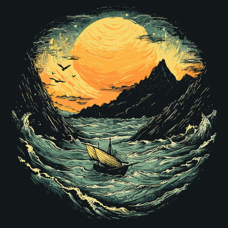 Sailing boat on the waves. Vector hand drawn illustration with grunge effect.のイラスト素材