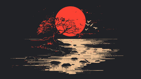 Illustration of a tree and a sunset on a black background.のイラスト素材