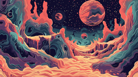 Vector illustration of a fantasy landscape with mountains, moons and stars.のイラスト素材
