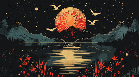 Sunset over mountain lake. Hand drawn vector illustration in vintage style.のイラスト素材