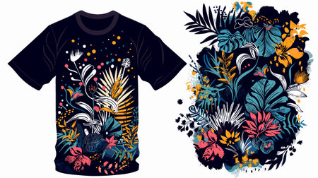 T-shirt design with tropical flowers and birds. Vector illustration.のイラスト素材
