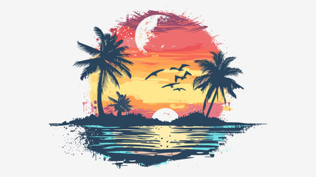 Tropical island with palm trees and sunset. vector illustration.のイラスト素材