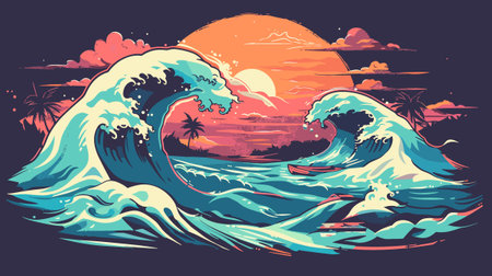 Surfing waves at sunset. Vector illustration in retro style. Design element.のイラスト素材