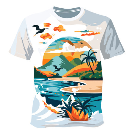 T-shirt design with sea, mountains and birds. Vector illustrationのイラスト素材
