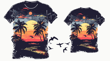 T-shirt design with palm trees, sunset and seagullsのイラスト素材