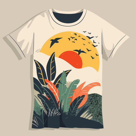 T-shirt design with tropical plants and birds. Vector illustration.のイラスト素材