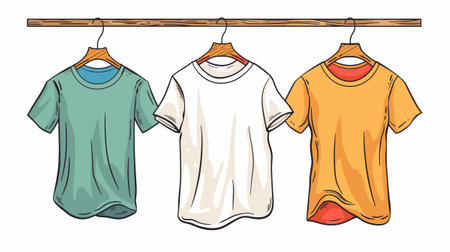 T-shirts hanging on a clothes rack. Vector illustration isolated on white background.のイラスト素材