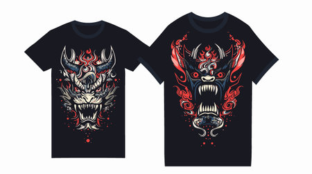 T-shirt print design with dragon skull tattoo. Vector illustration.のイラスト素材