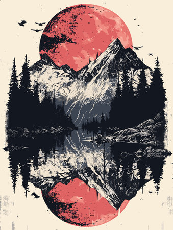 Mountains and lake. Hand drawn vector illustration. Vintage style.のイラスト素材