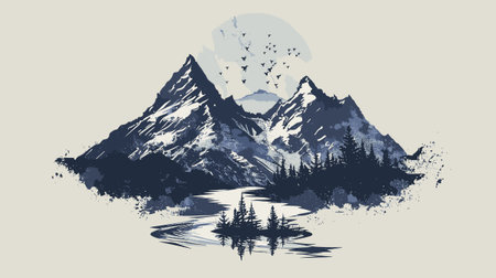 Mountains and lake. Vector illustration. Grunge style.のイラスト素材