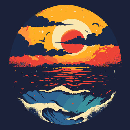 Sunset over the sea. Vector illustration in a flat style.のイラスト素材
