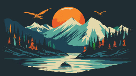 Mountains and lake in the forest. Vector illustration in vintage style.のイラスト素材