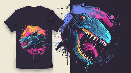 T-shirt design with dinosaur head and grunge splashes. Vector illustration.のイラスト素材