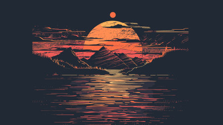 Sunset over the sea. Sunset in the mountains. Vector illustrationのイラスト素材