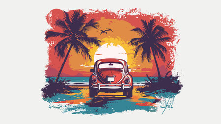 Vintage car on the beach with palm trees. Vector illustration.のイラスト素材