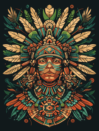 Native american Indian chief with feathers and ethnic ornaments. Vector illustrationのイラスト素材