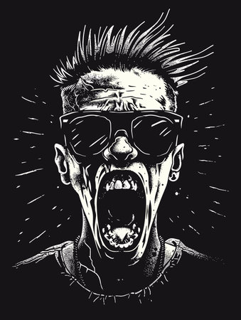 Angry man screaming in sunglasses. Hand drawn vector illustration on black background.のイラスト素材