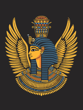 Egyptian pharaoh with wings and sarcophagus. Vector illustrationのイラスト素材