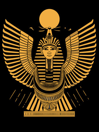 Egyptian god with golden wings. Vector illustration on black background.のイラスト素材