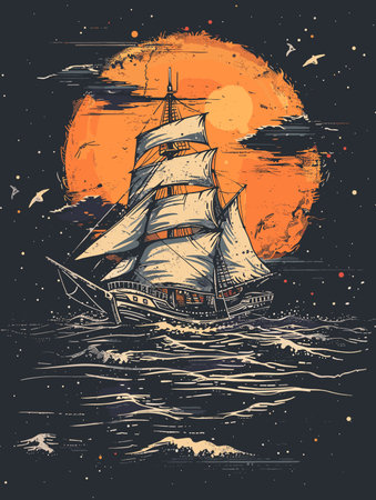 Vintage sailboat on the sea at sunset. Vector illustration.のイラスト素材