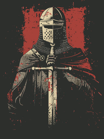Knight sword with and helmet on grunge background. Vector illustration.のイラスト素材