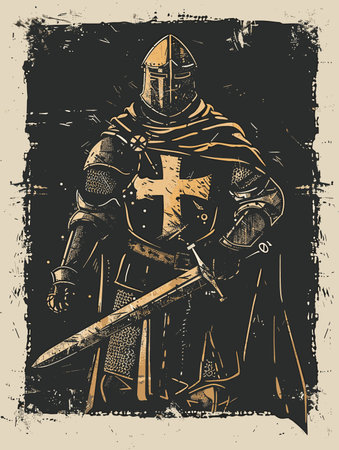Knight in armor with sword and shield. Vector illustration in vintage style.のイラスト素材