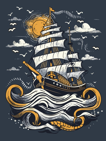 Vintage sailboat. Hand drawn vector illustration on dark background.のイラスト素材