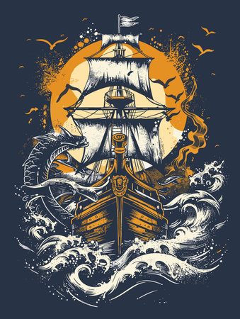 Vintage sailboat with grunge splashes. Vector illustration.のイラスト素材