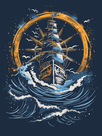 Vintage sailboat on the waves. Vector illustration in grunge styleのイラスト素材