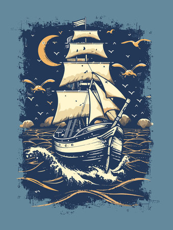 Vintage sailboat on the sea. Hand drawn vector illustration.のイラスト素材