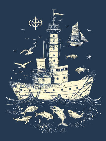 Vector hand drawn illustration of a pirate ship with a lot of fishのイラスト素材