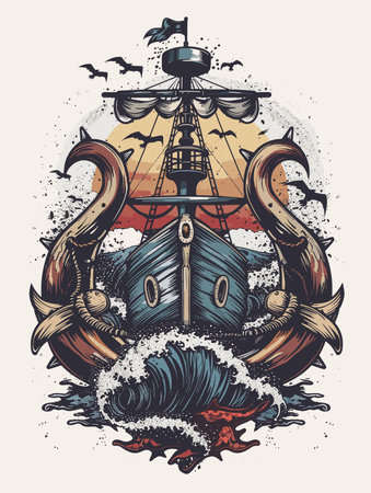 Pirate ship with anchor. Vintage vector illustration for t-shirt print.のイラスト素材