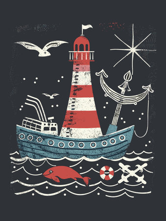 Vintage lighthouse on the sea. Hand drawn vector illustration in sketch style.のイラスト素材