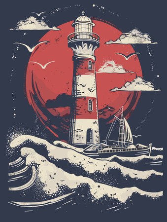 Lighthouse on the sea. Hand drawn vector illustration in retro style.のイラスト素材