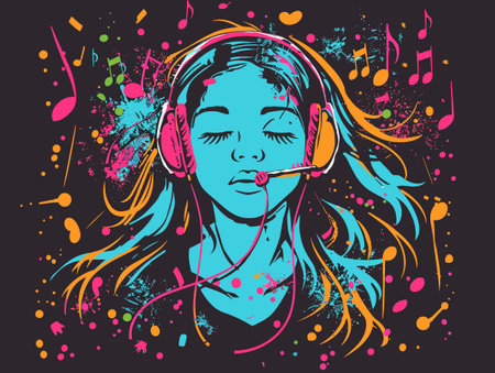 Vector illustration of a girl listening to music with headphones and notes.のイラスト素材