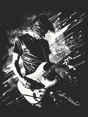 Guitar player. Hand drawn vector illustration with grunge effect.のイラスト素材