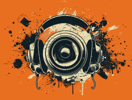 Vector grunge background with headphones. Grunge design elements.のイラスト素材