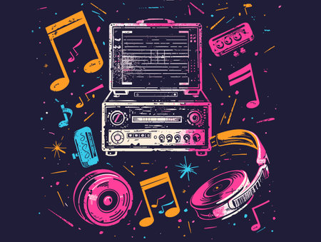 Vector illustration of retro audio equipment in doodle style with music notes, notes and speakers.のイラスト素材