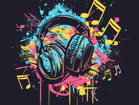 Headphones and musical notes on grunge background. Vector illustration.のイラスト素材