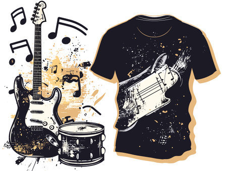Grunge musical background with guitar, drum and t-shirtのイラスト素材
