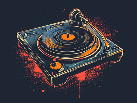 Vintage turntable with vinyl record on grunge background. Vector illustrationのイラスト素材