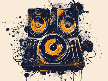 Grunge music background with speakers. Grunge vector illustration.のイラスト素材