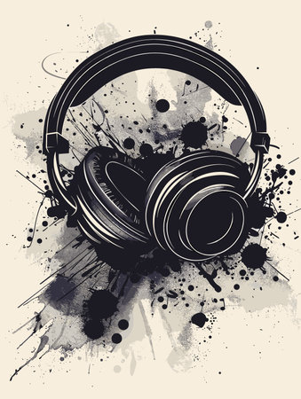 Music background with headphones and grunge splashes. Vector illustration.のイラスト素材