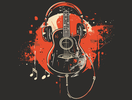 Guitar with headphones on grunge background. Vector illustration.のイラスト素材